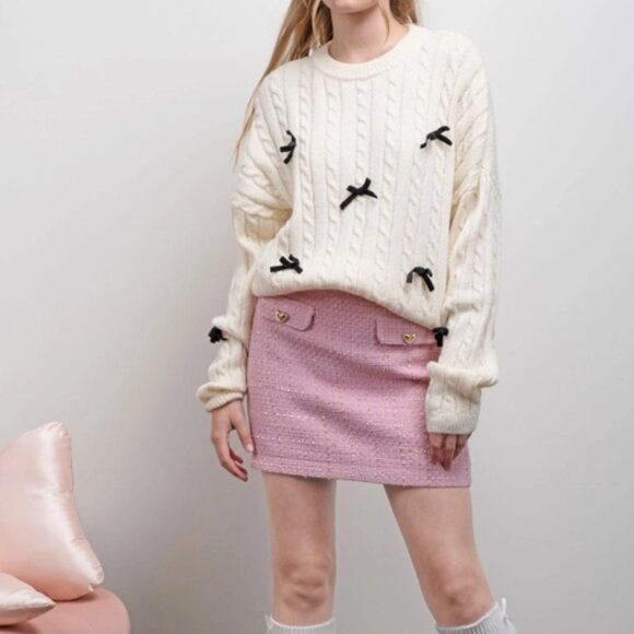 Blu Pepper Bow Detail Cable Knit Pullover Sweater - Picture 3 of 3